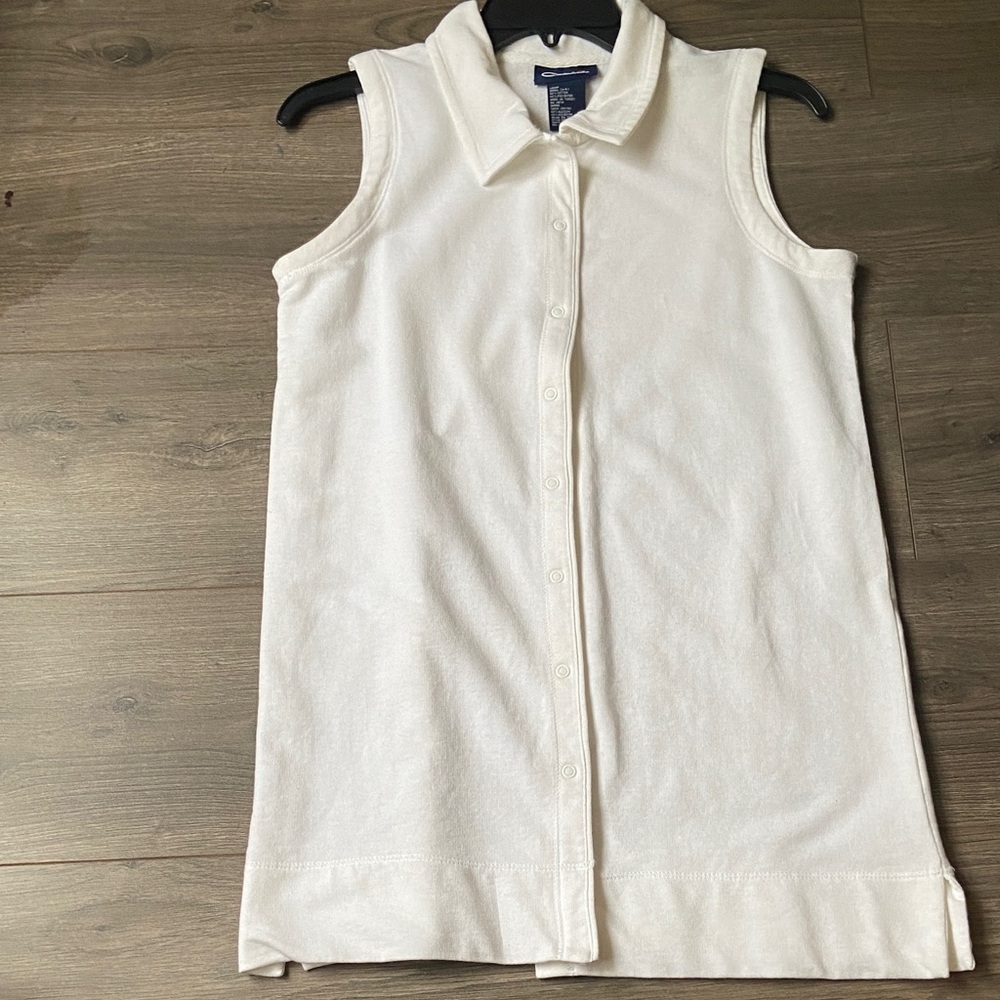 WHITE LONG BUTTON DOWN COLLARED SLEEVELESS TOP VINTAGE